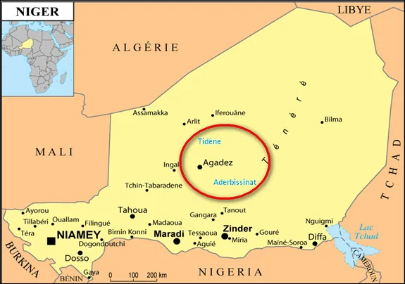 Carte du Niger avec la vallée de Tidène et la région d'Agadez